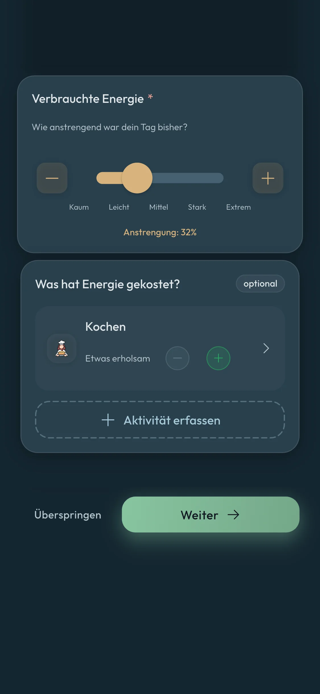 Elara Health App mit Energie und Aktivität für Pacing