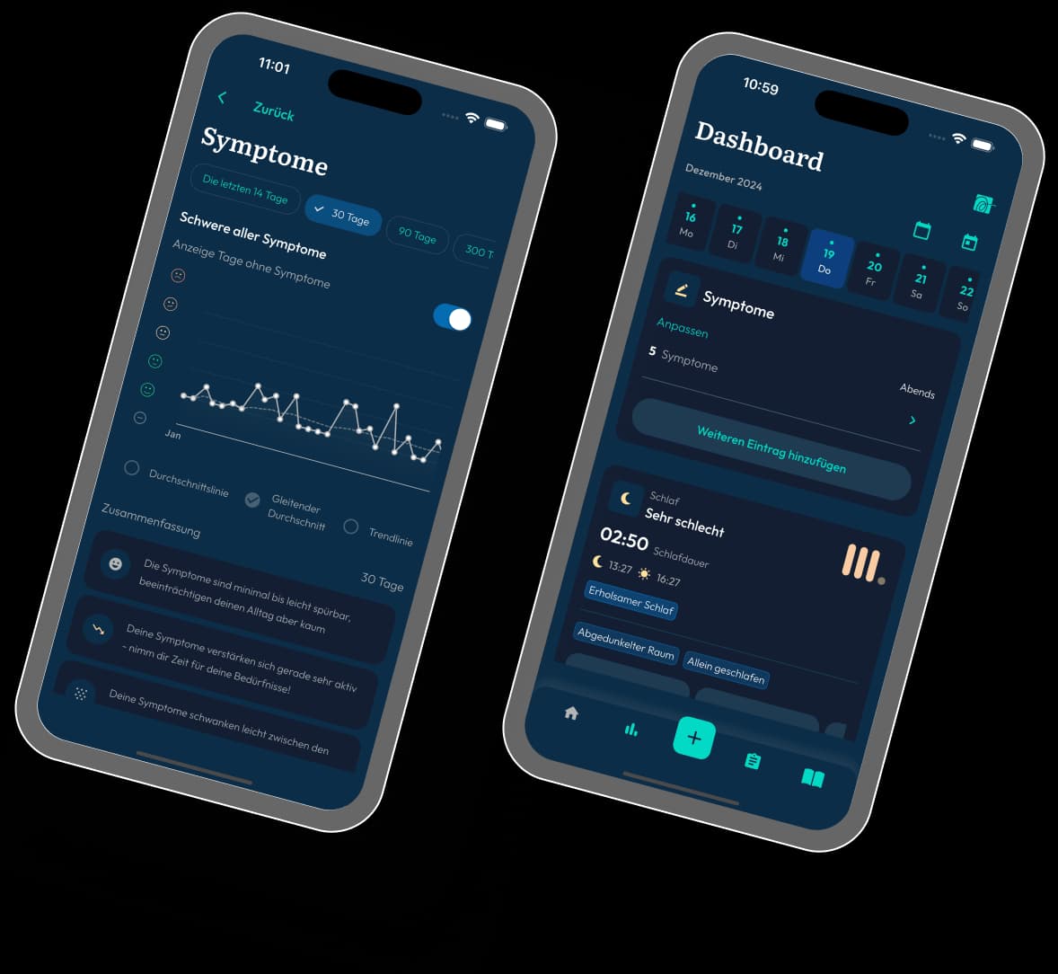 Elara Health App zeigt eine übersichtliche Gesundheitsansicht mit Symptomtracking, Biomarker-Analyse und personalisierten Empfehlungen