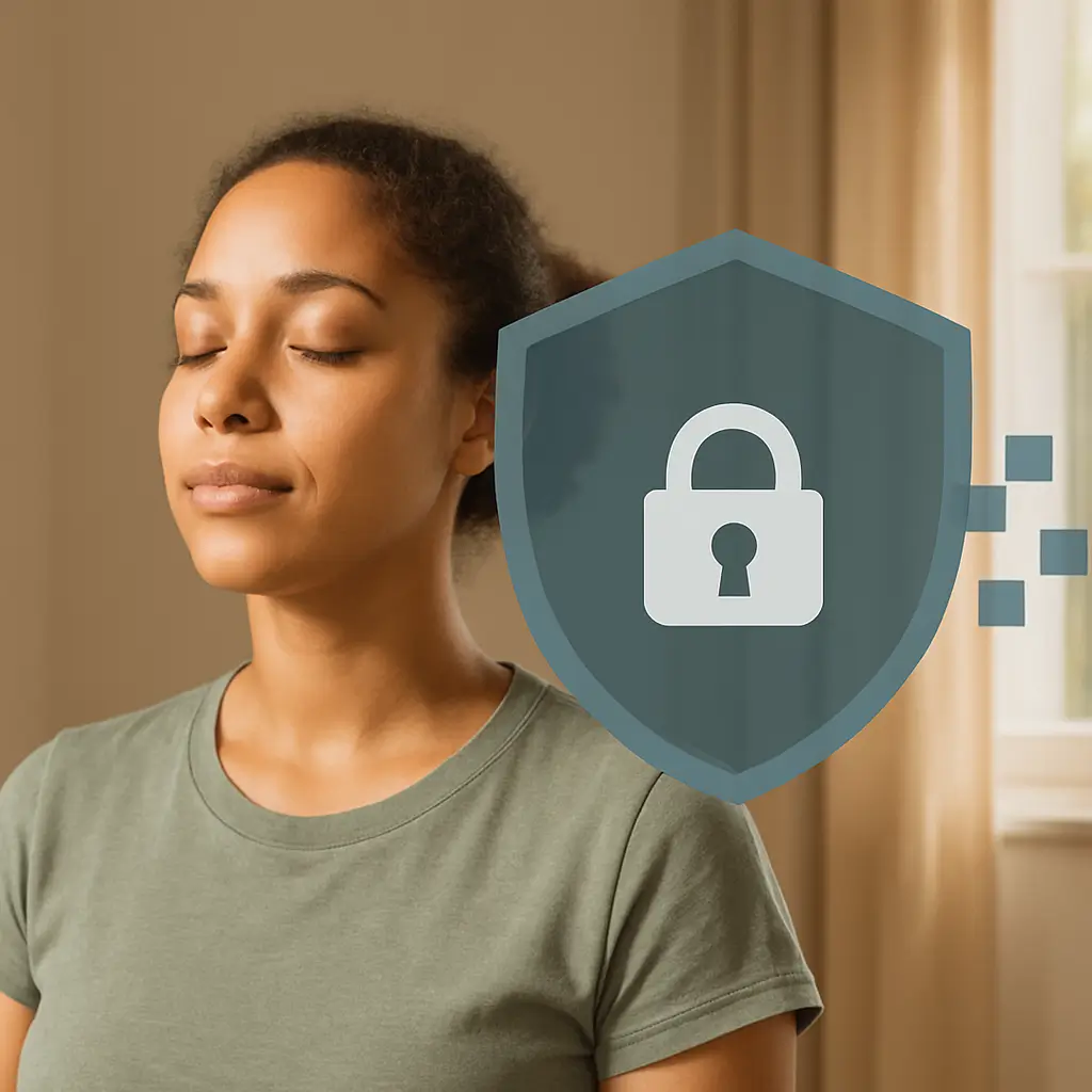 Datensicherheit - Eine Person mit Sicherheitsschild symbolisiert den Schutz von Gesundheitsdaten